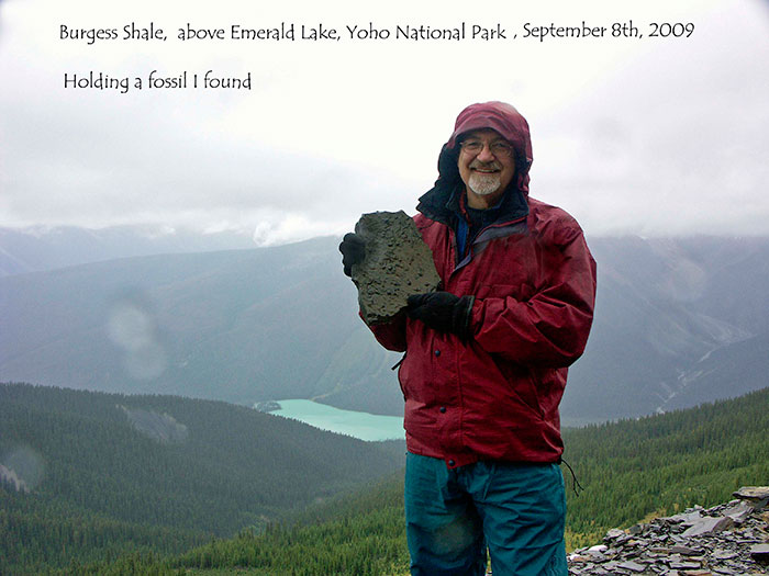 Burgess shale, above Emerald Lake, Yoho National Park, September 8th 2009. Holding a fossil I found.